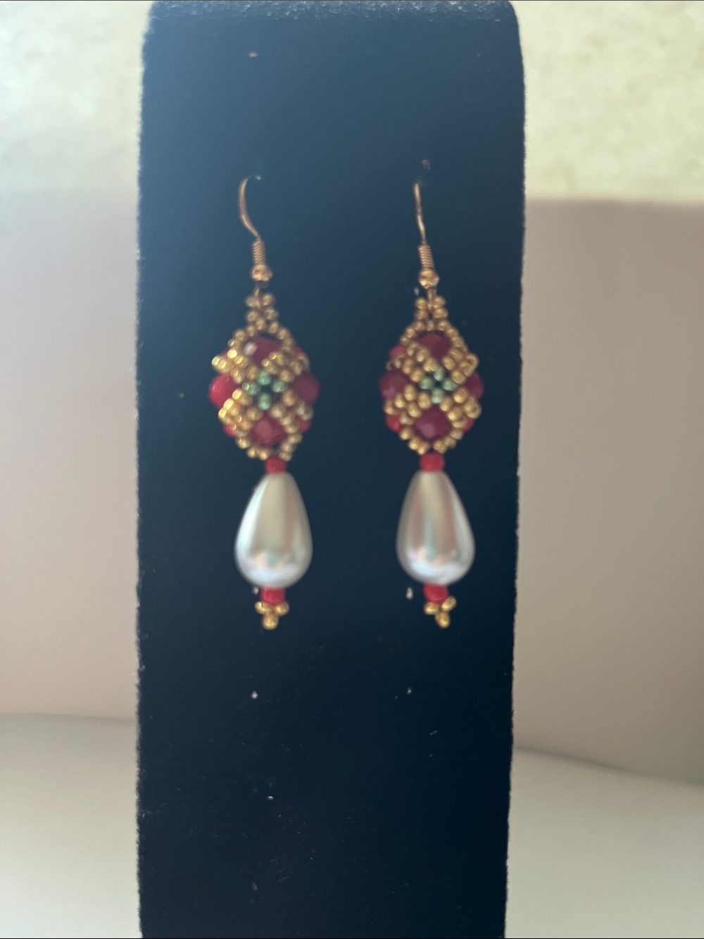 Gold-Tone Red and Pearl Drop Earrings - Elegant Women's Jewelry